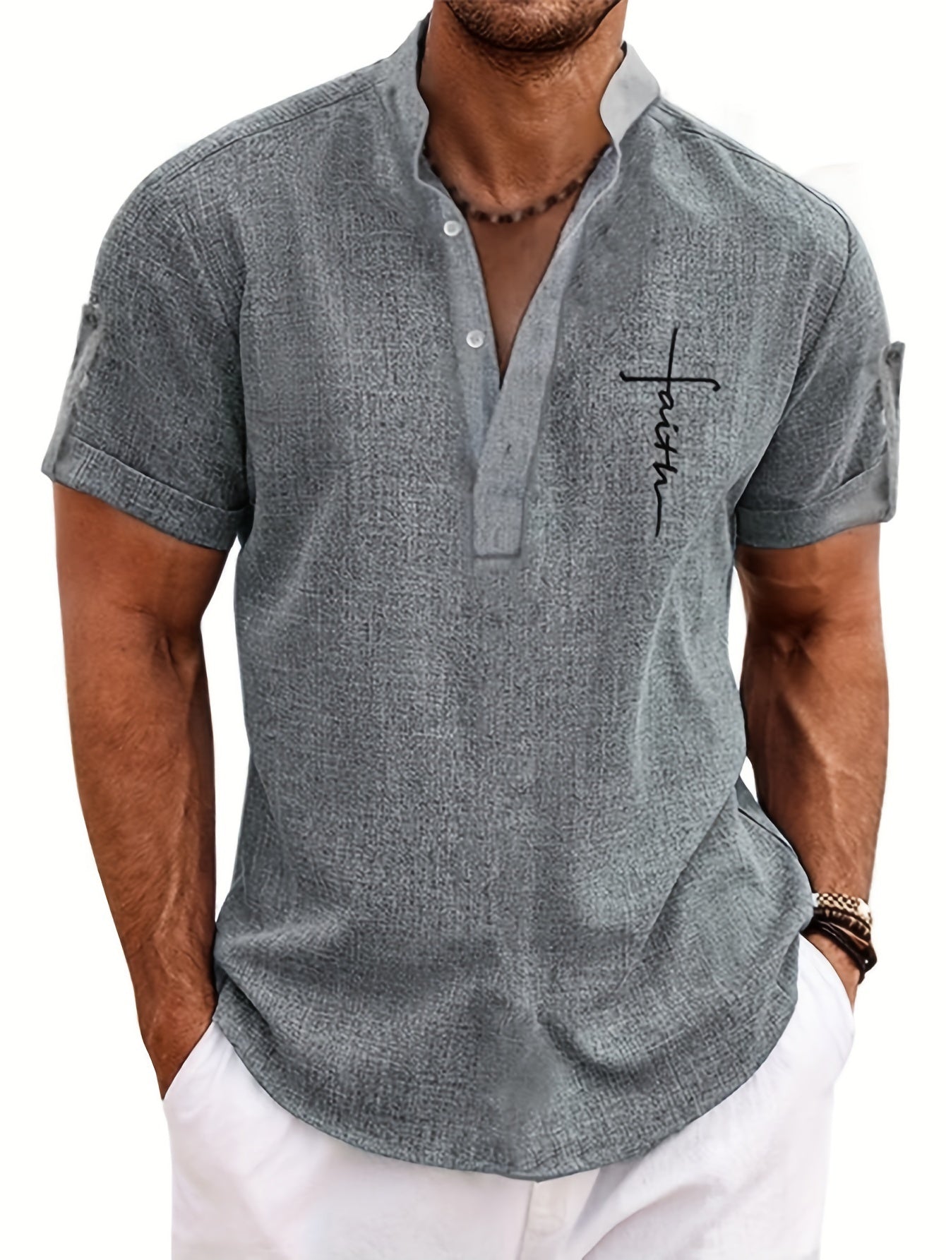 Men's Letter Print "FAITH" Short Sleeve Stand Collar Henley Shirt, Casual And Chic Tops For Summer Business And Outdoors Leisurewear - SeviSa