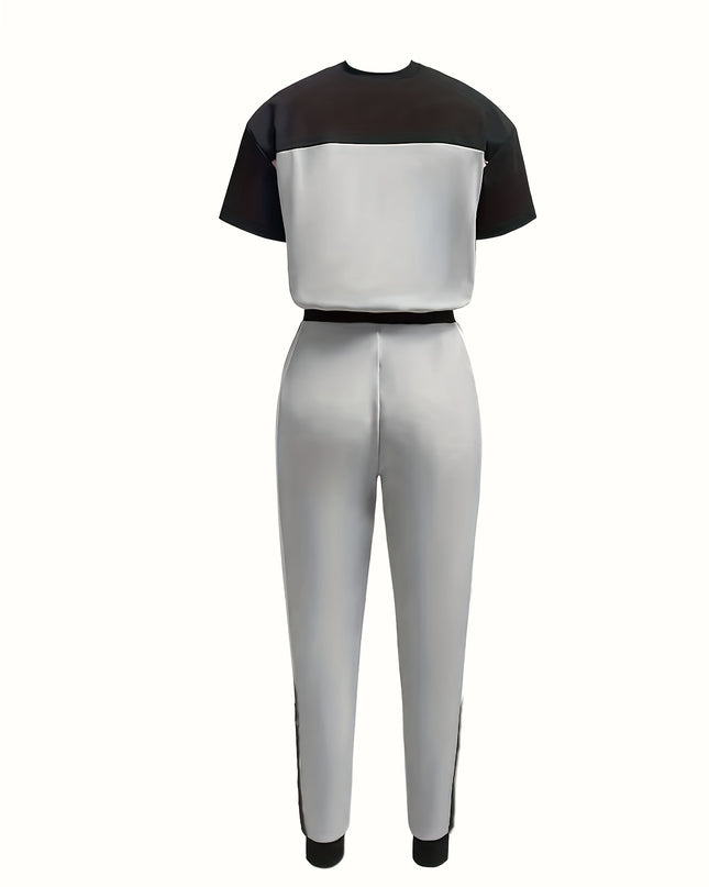Casual Color Block Short Sleeve Round Neck T-Shirt and Long Pants Two-Piece Set