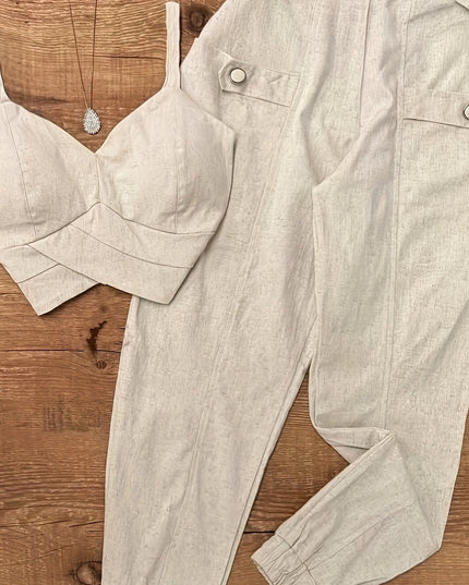 Elegant Beige Sleeveless Top & Button- Pants Set - Chic V-Neck, Long Sleeveless Shirt with Ruffled Detail, High-Waisted Wide-Leg Pants, Perfect for Casual or Office Wear, Casual Attire|Ruffled Detail Top|Button Detail Pants