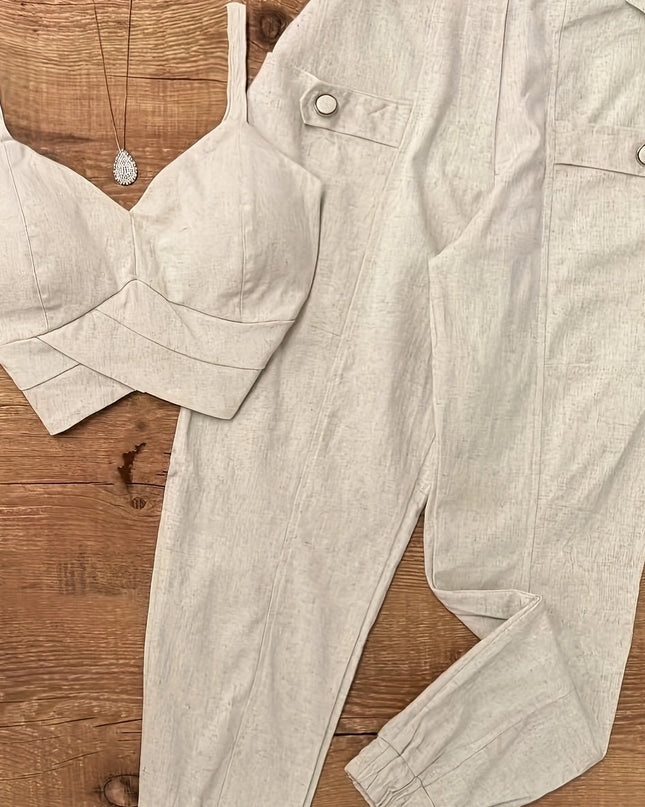 Elegant Beige Sleeveless Top & Button- Pants Set - Chic V-Neck, Long Sleeveless Shirt with Ruffled Detail, High-Waisted Wide-Leg Pants, Perfect for Casual or Office Wear, Casual Attire|Ruffled Detail Top|Button Detail Pants