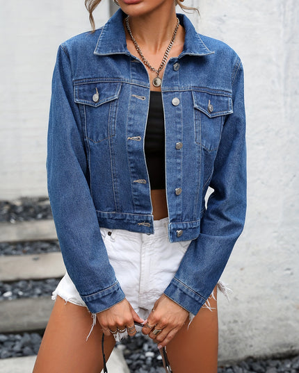 Blue Long Sleeves Denim Coats, Single-Breasted Button Flap Pockets Cropped Lapel Denim Jackets, Women's Denim Clothing - SeviSa