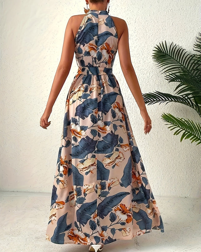 Elegant Bohemian Maxi Dress with Lace-Up Detail - High-Waisted, Sleeveless, Floral Print, Light Brown and Blue, Perfect for Adult Women, All-Season Versatile, Adult Women'S Dress|Floral Print Dress|Laceup Detail - SeviSa