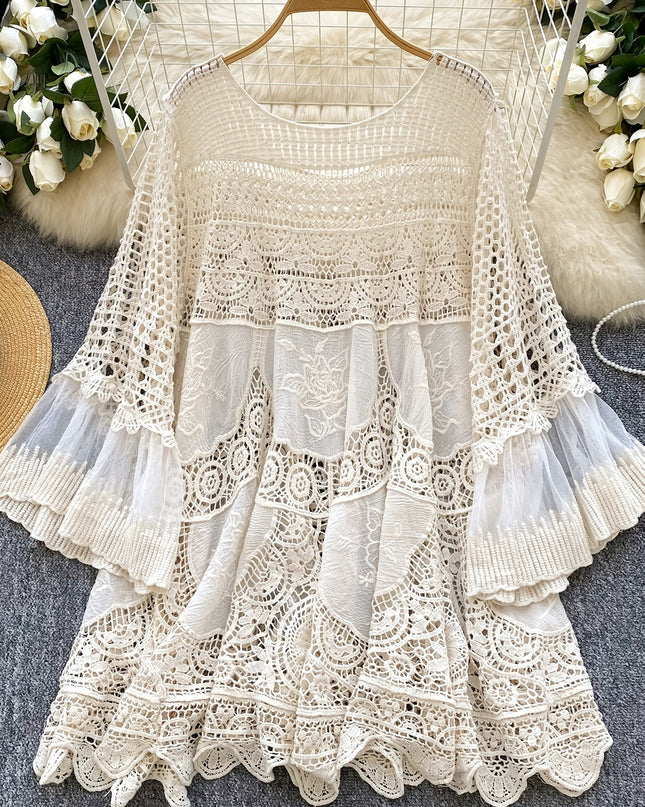 Women's Bohemian Vintage Lace- Dress - Long Sleeve A-Line Midi Dress with Crochet Cut-Out Details, Semi-Sheer Round Neck Boho Dress for Casual & Formal Occasions, Cute Dresses, Special Occasion Wear, Intricate Crochet Design - SeviSa