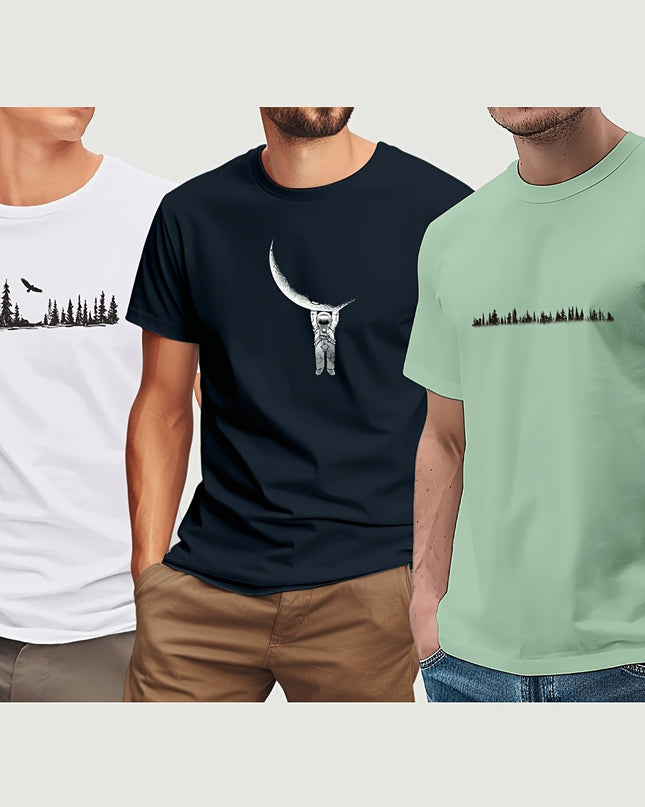 3pcs Men'S 180GSM Cotton Short Sleeve T-Shirts - Regular Fit Round Neck with Bold Skull & Fishbone Print - SeviSa