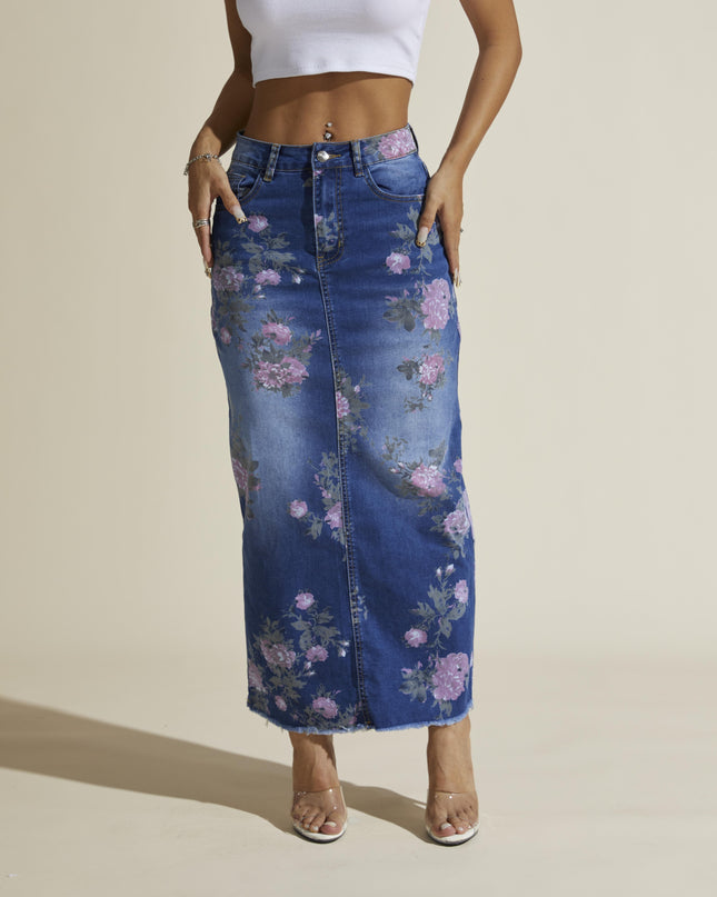 Floral Print Elegant Vintage Style Split Hem Whiskering Maxi Denim Skirt, Women's Denim Jeans & Clothing - SeviSa