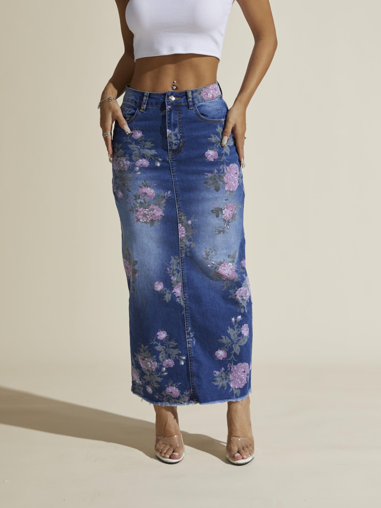 Floral Print Elegant Vintage Style Split Hem Whiskering Maxi Denim Skirt, Women's Denim Jeans & Clothing - SeviSa