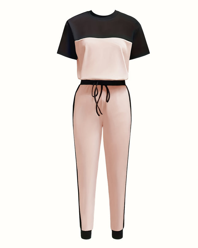 Casual Color Block Short Sleeve Round Neck T-Shirt and Long Pants Two-Piece Set