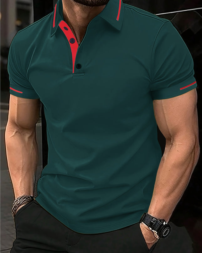 Men's Summer Casual Sport T-Shirt - Breathable Short Sleeve Button-Up with Red Trim, Dark Green Solid Color, Regular Fit for Running, Outdoor & Casual Attire, Sports T Shirt, Durable Sportswear - SeviSa