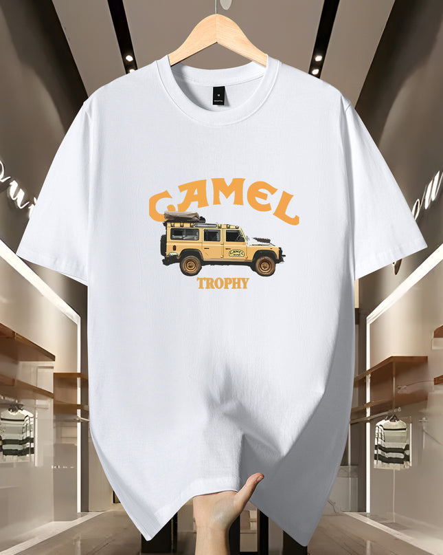 Men's 200g 100% Cotton Short Sleeve T-Shirt - White Casual Round Neck Tee with Geometric Pattern, Breathable Summer Top, Machine Washable Regular Fit, Everyday Apparel, Graphic Camel Design, Soft Fabric, Versatile Top, Minima - SeviSa