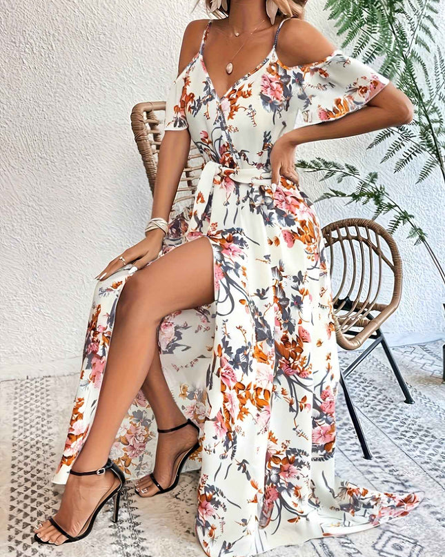Elegant Floral Print V-Neck Maxi Dress with Tie-Waist and Ruffle Detail - Sleeveless, Flowy A-Line Skirt for Women, Perfect for Summer, Elegant Event Wear|Floral Print Dress|Polyester Fabric