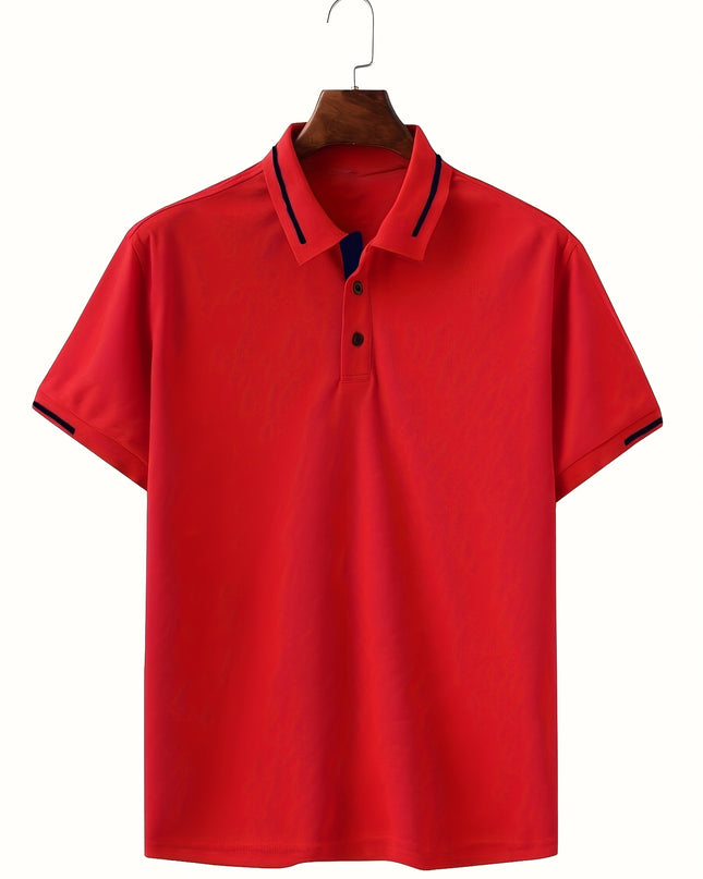 Men's Summer Casual Sport T-Shirt - Breathable Short Sleeve Button-Up with Red Trim, Dark Green Solid Color, Regular Fit for Running, Outdoor & Casual Attire, Sports T Shirt, Durable Sportswear - SeviSa