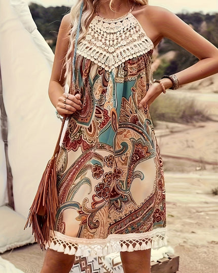 Bohemian Style Sleeveless Dress for Women - Vibrant Paisley Print with Tassel Detail, Off the Shoulder, Fringe Detailing, Perfect for Summer Beach Outfits, Beach Dresses - SeviSa