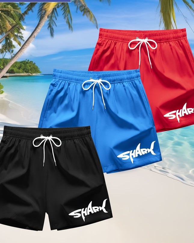 3pcs Men's Swim Trunks - Quick-Dry Beach Shorts with Adjustable Drawstring Waist, Shark Graphic Prints in Red, Black, Light Blue - Lightweight Swimwear for Surfing, Pool, Vacation - Non-Stretch Fabric for Board Sports Stabili - SeviSa
