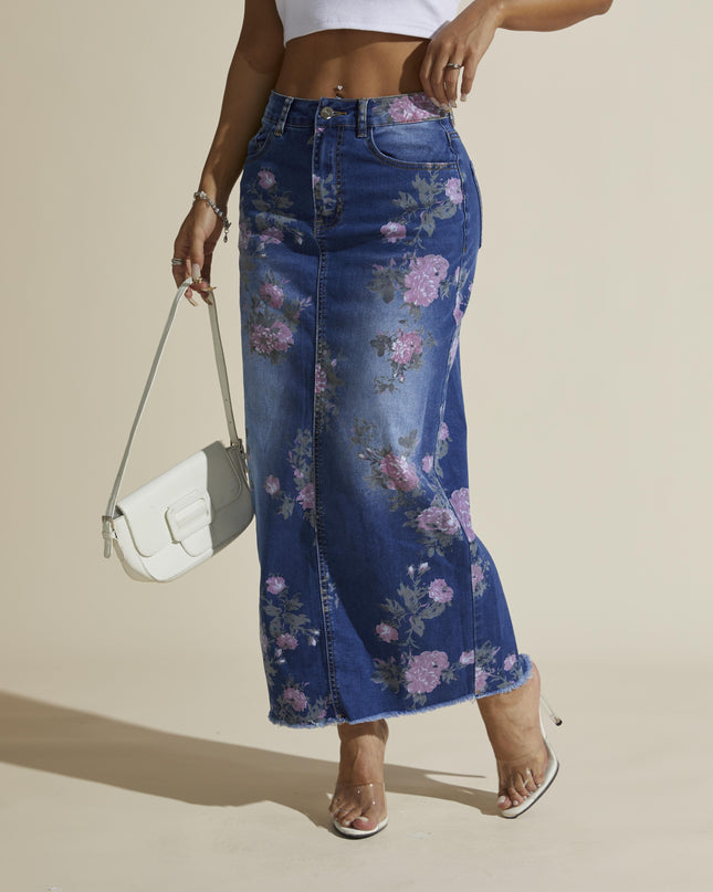 Floral Print Elegant Vintage Style Split Hem Whiskering Maxi Denim Skirt, Women's Denim Jeans & Clothing - SeviSa