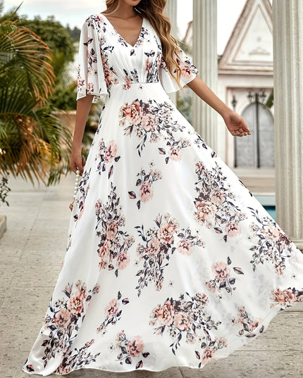 Women's Elegant V-Neck Floral Print Dress with Ruffled Short Sleeves - A-Line Long Maxi Dress, Machine Washable, Zipper Back, All-Season Versatile for Casual & Formal Occasions, Cute Dresses, Flowy Fabric Gown, Lightweight Ma - SeviSa
