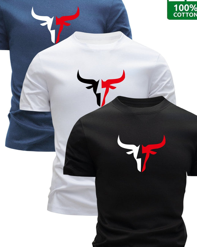 3pcs Men's 100% Cotton Graphic T-Shirts - Bold Bull Head & Letter Print, Slim Fit Short Sleeve Round Neck Tees for Summer Casual Wear, Breathable & Machine Washable, Everyday Comfort | Durable Fabric - SeviSa