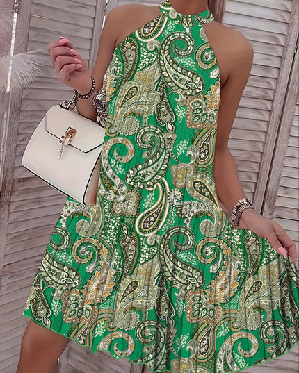 2024 European And American Summer New Geometric Pattern Printed Sleeveless Pleated Off-Shoulder Vacation Style Dress - SeviSa