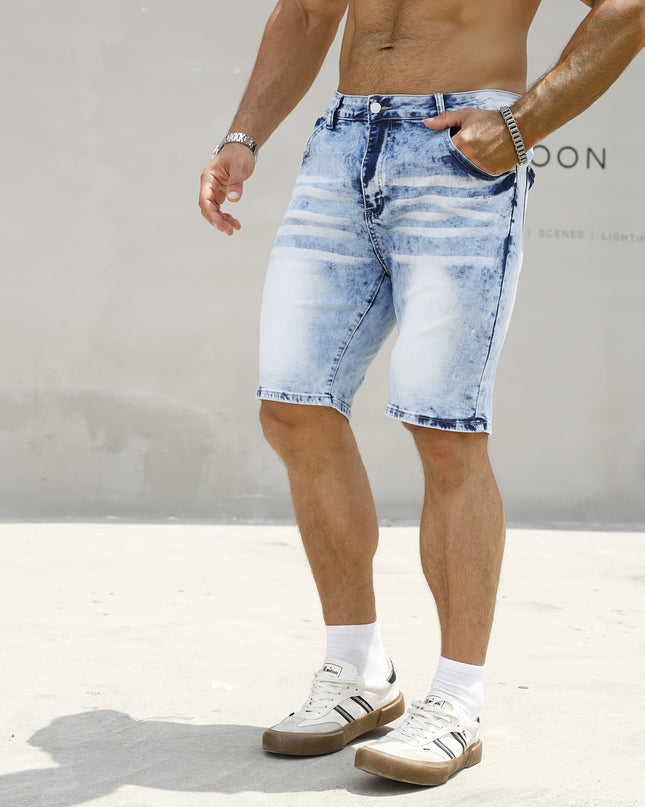 Plus Size Men's Heavy-Distressed Stretch Denim Shorts - Slim Fit Casual Summer Shorts with Pockets, Machine Washable, Blue & White Washed Design, Comfortable Wear, Durable Fabric, PLUS SIZE - SeviSa