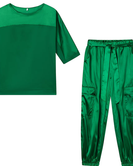 2025 New European and American Cross-Border Fashion Women'S Smooth Satin Half-Sleeve Top and Pants Set, Casual Two-Piece Outfit