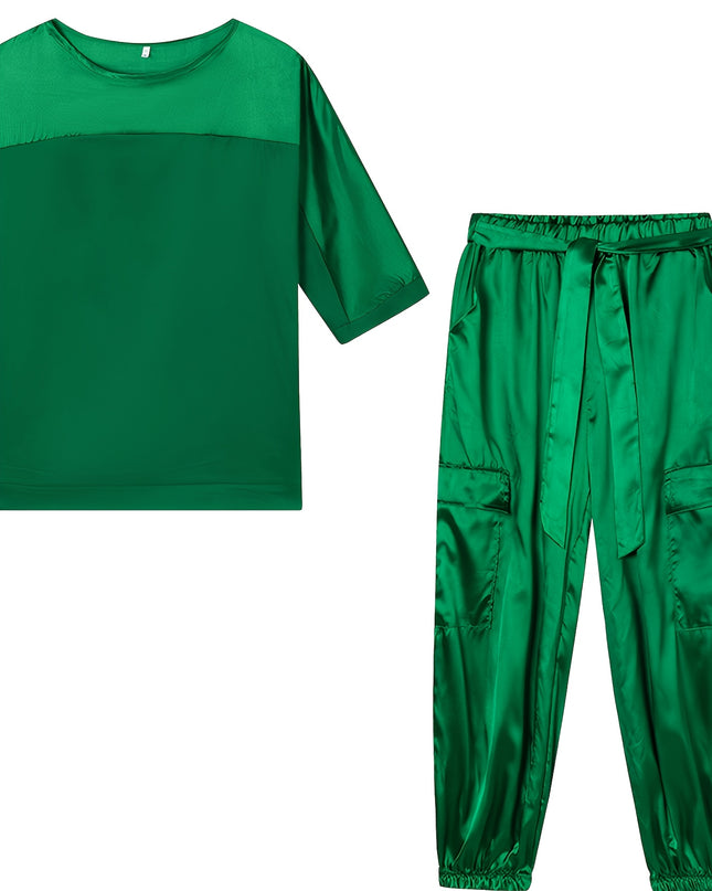 2025 New European and American Cross-Border Fashion Women'S Smooth Satin Half-Sleeve Top and Pants Set, Casual Two-Piece Outfit