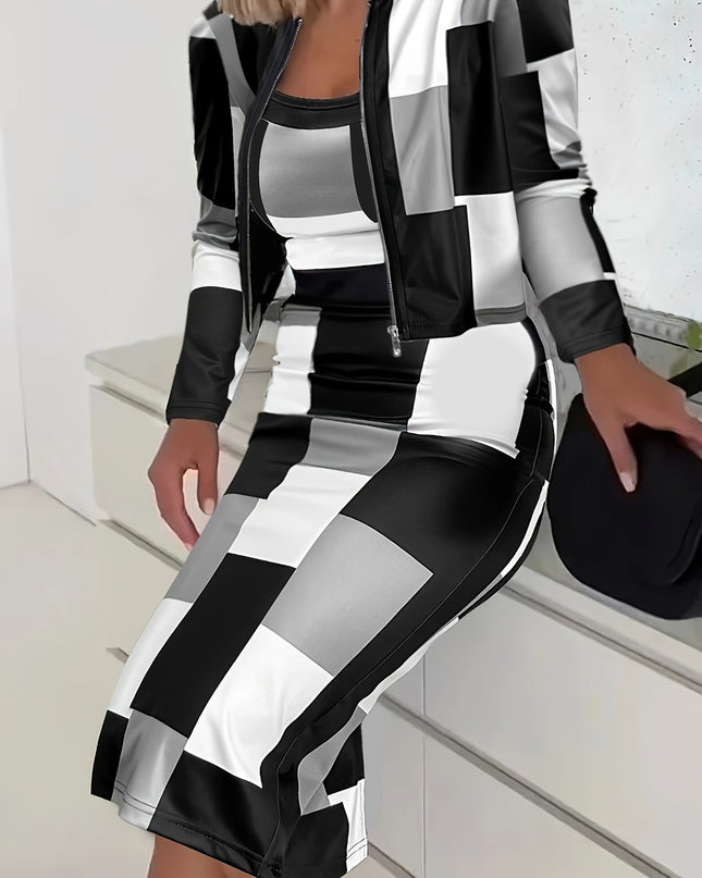 Women'S Geometric Print Zip-Up Jacket and Dress Set - Navy Blue and Yellow, Knit Polyester, Long Sleeve, Zipper Front, All-Season Wear, Stylish Office Attire, Office Attire|Geometric Print|Zippered Jacket