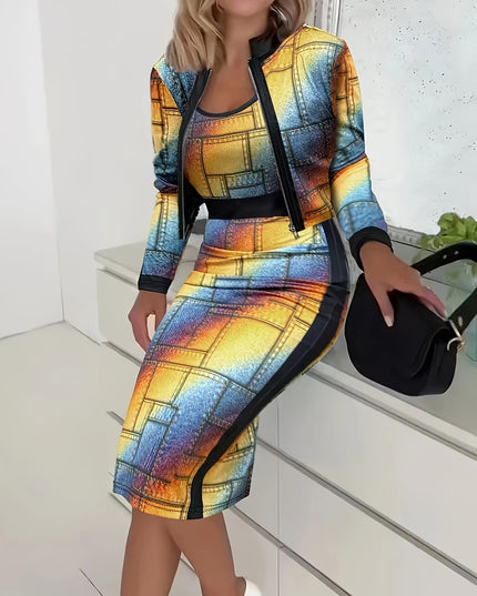 Women'S Geometric Print Zip-Up Jacket and Dress Set - Navy Blue and Yellow, Knit Polyester, Long Sleeve, Zipper Front, All-Season Wear, Stylish Office Attire, Office Attire|Geometric Print|Zippered Jacket
