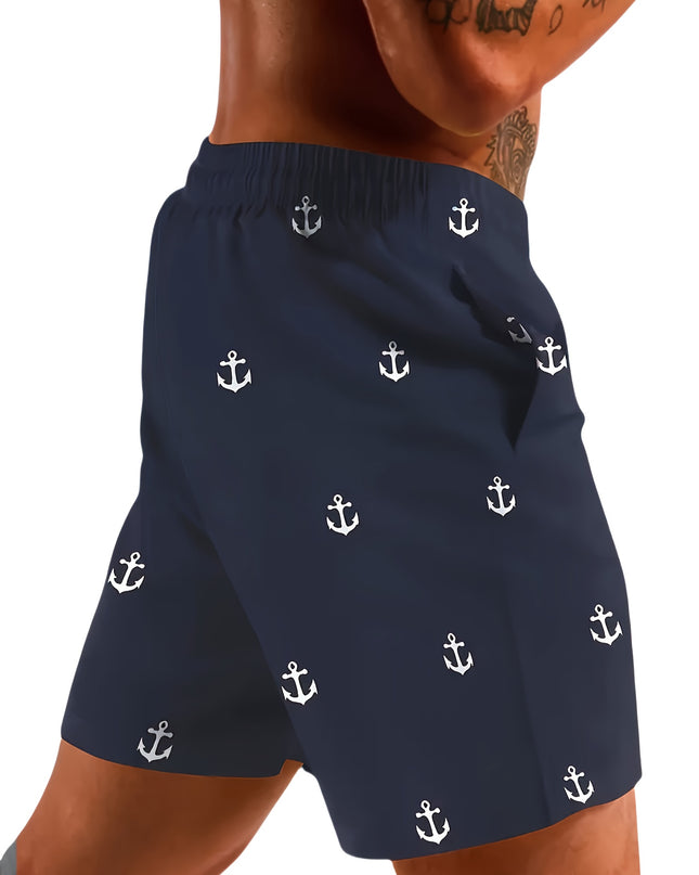 Men'S Plus Size Casual Beach Shorts - Double Layer, Quick-Dry, Drawstring Waist, Print Anchor Design, Red, Perfect for Tropical Vacations & Summer Sports, Beach Short - SeviSa