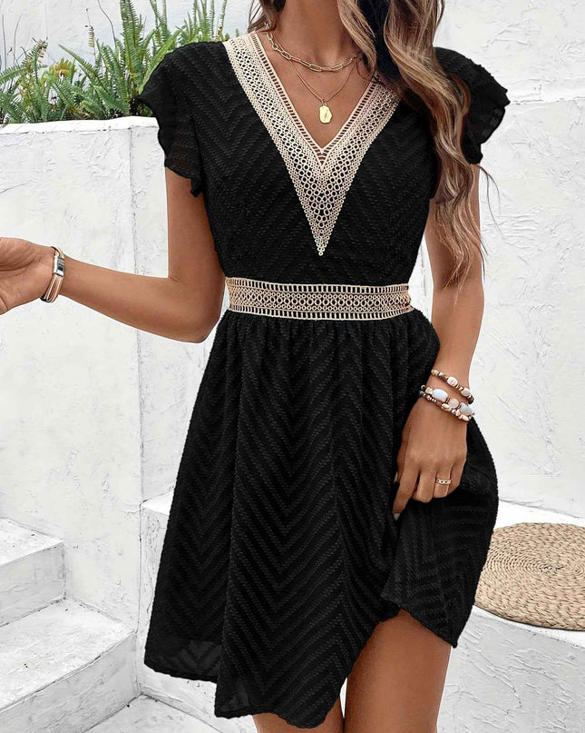 Elegant French Lace V-Neck A-Line Dress for Women - Chic Summer Sleeveless Dress with Contrast Lace Detailing, Lightweight Polyester Blend, Perfect for Casual or Formal Occasions, Lace Dress
