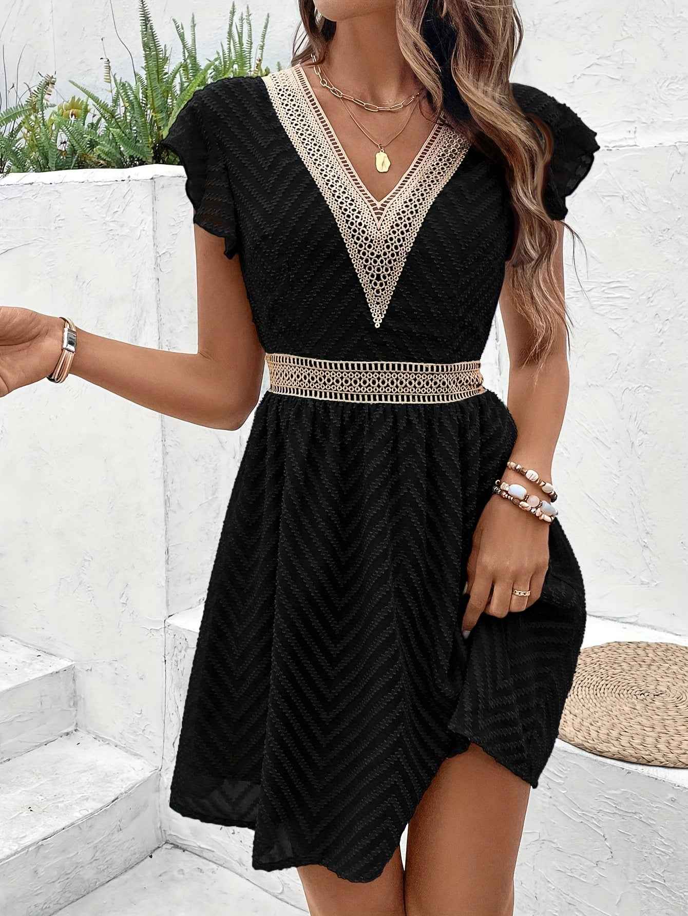 Elegant French Lace V-Neck A-Line Dress for Women - Chic Summer Sleeveless Dress with Contrast Lace Detailing, Lightweight Polyester Blend, Perfect for Casual or Formal Occasions, Lace Dress