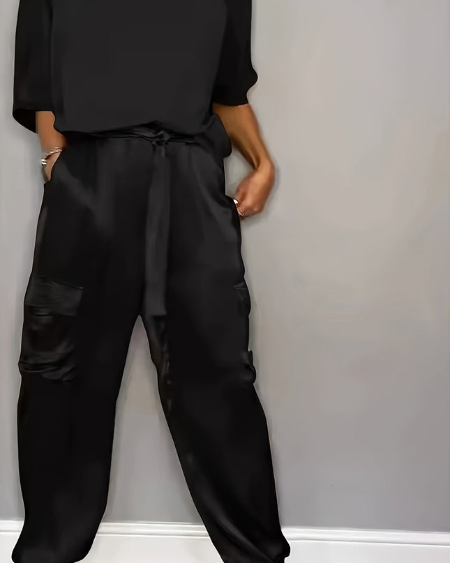 2025 New European and American Cross-Border Fashion Women'S Smooth Satin Half-Sleeve Top and Pants Set, Casual Two-Piece Outfit
