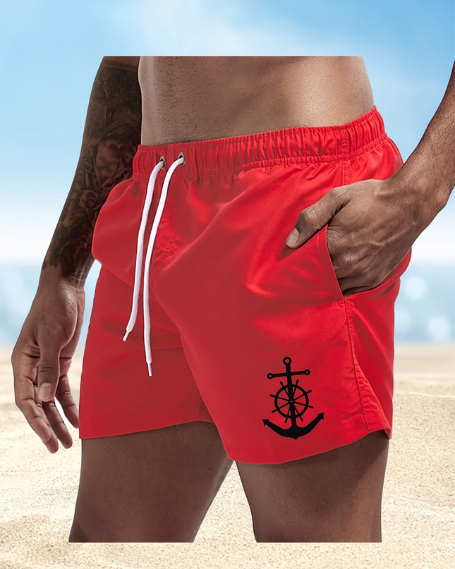 Men's Quick-Dry Swim Shorts - Navy Blue Board Shorts with Anchor design, Elastic Drawstring Waist - Lightweight Beach Swim Trunks for Surfing, Swimming, Gym, Vacation - Fast-Drying Quick Suit for Ocean & Pool Activities, Swim - SeviSa