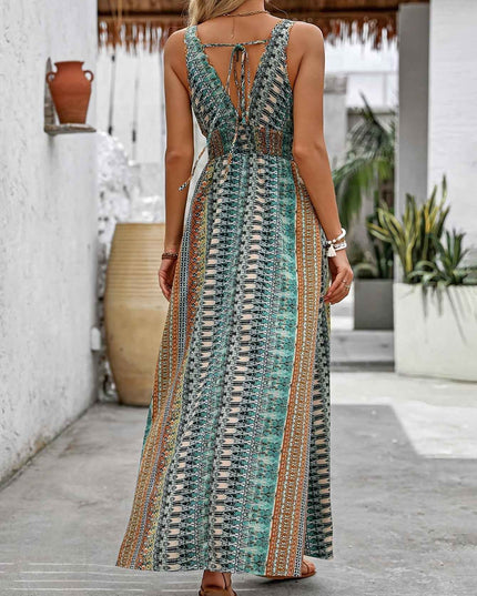 Vacation Style V-Neck Maxi Dress, Polyester Floral and Striped Print, Sleeveless Shirred Waist Fitted Long Dress, with Cross Hem, for Summer