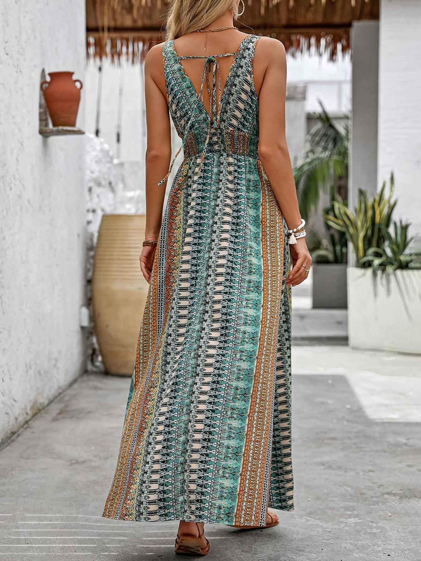 Vacation Style V-Neck Maxi Dress, Polyester Floral and Striped Print, Sleeveless Shirred Waist Fitted Long Dress, with Cross Hem, for Summer