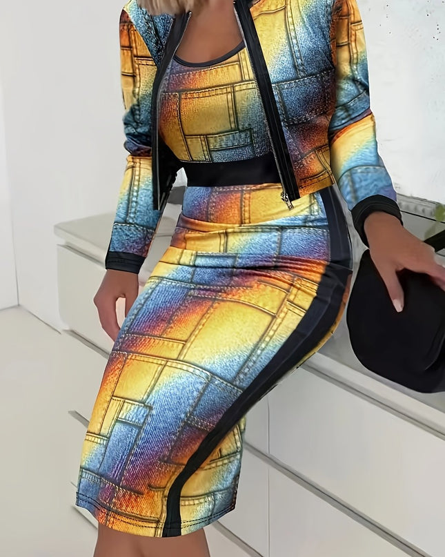 Women'S Geometric Print Zip-Up Jacket and Dress Set - Navy Blue and Yellow, Knit Polyester, Long Sleeve, Zipper Front, All-Season Wear, Stylish Office Attire, Office Attire|Geometric Print|Zippered Jacket