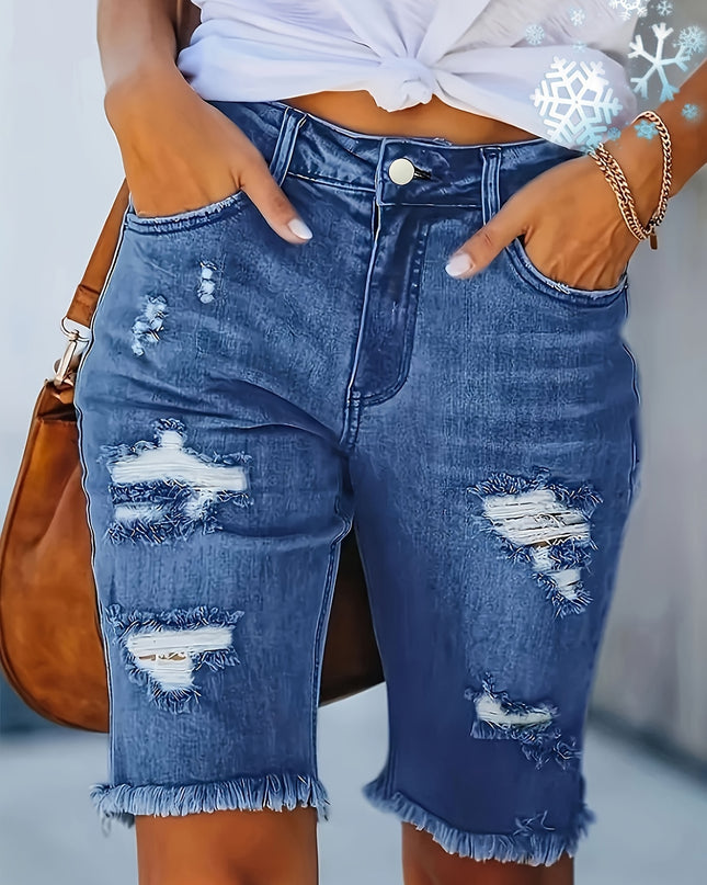 Women's 2025 Summer New Stretch Tummy Control Raw Hem Ripped Jean Shorts, Retro Light Blue Washed Slim Fit Mid-Length Fringe High Waist Denim Pants with Pockets, 90s Ladies' Clothing, Comfort Street Style Casual Pants Fit for - SeviSa
