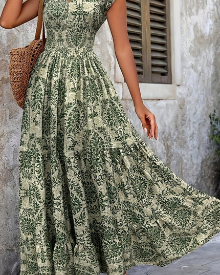 V-Neck Ruffled Hem Maxi Dress - Summer Beach Skirt with Floral Print, Cinched Waist & Flared Skirt, Lightweight Polyester for Adults, Beach Dresses - SeviSa