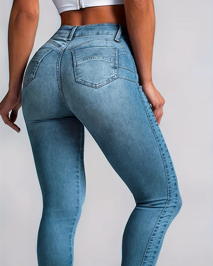 Women's Sexy High-Waisted Skinny Jeans, Stretch Denim, Plain Casual Fashion Pants, Light Blue For Fall - SeviSa