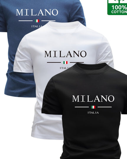 Set of 3 100% Cotton T-Shirts, Casual Letter Print Tees, Men'S Round Neck Tops, Perfect for Summer. - SeviSa