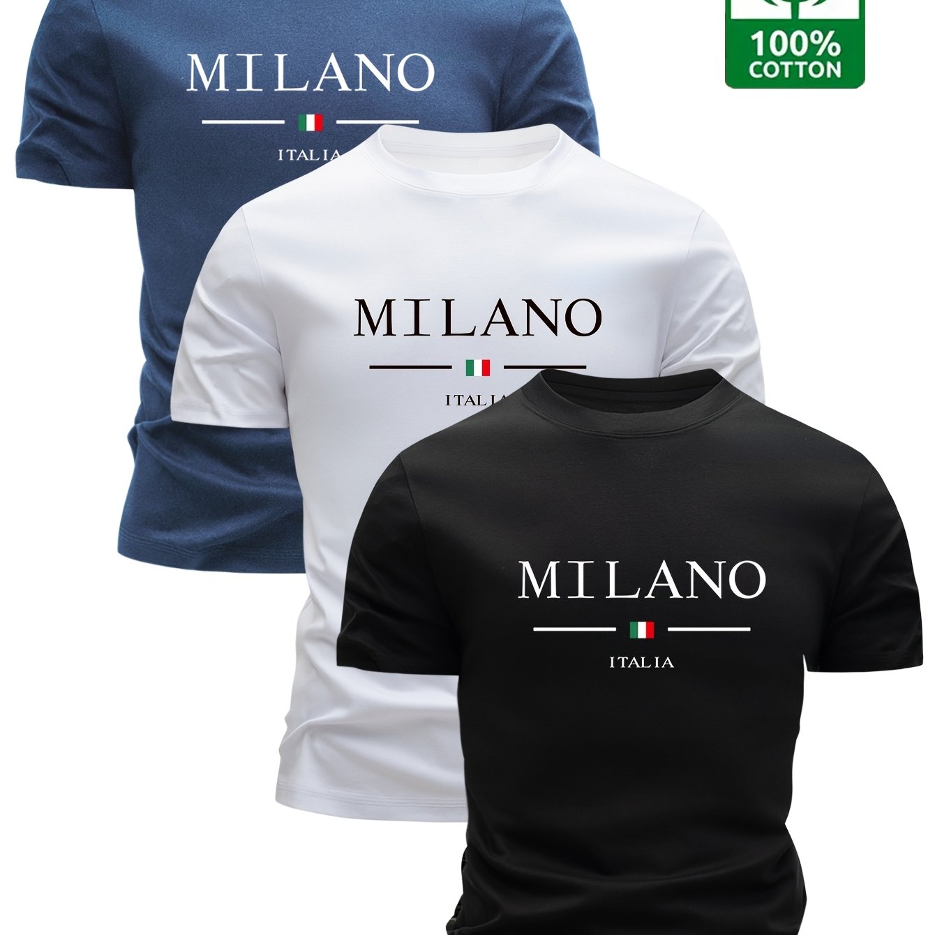 Set of 3 100% Cotton T-Shirts, Casual Letter Print Tees, Men'S Round Neck Tops, Perfect for Summer. - SeviSa