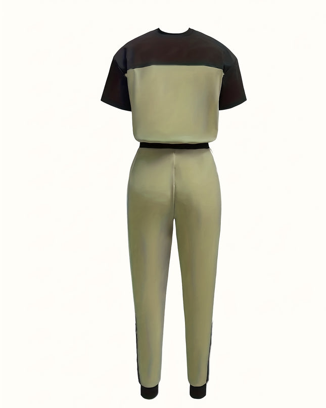 Casual Color Block Short Sleeve Round Neck T-Shirt and Long Pants Two-Piece Set