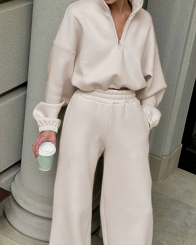 Women'S Cozy Beige Sweatshirt & Wide-Leg Pants Set - Casual Fall/Winter Polyester Knitwear with Elastic Waistband & Cuffs, Perfect for Casual Attire, Cozy Clothing | Relaxed Fit Pants | Polyester Knitwear