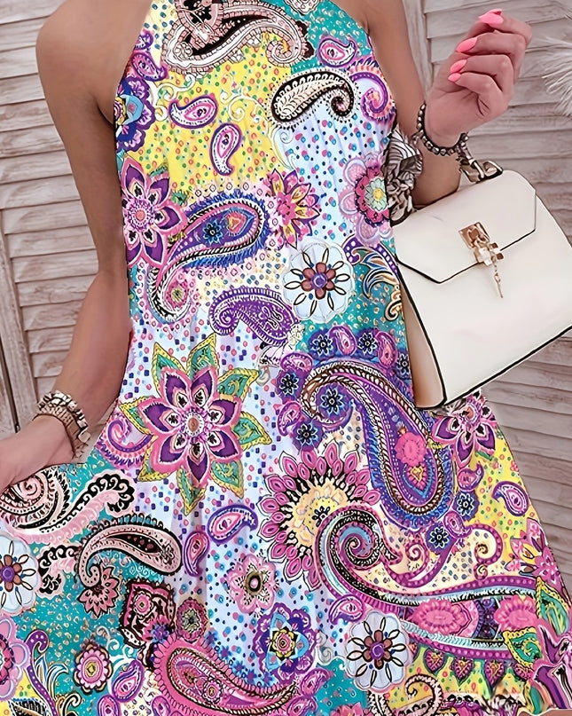 2024 European And American Summer New Geometric Pattern Printed Sleeveless Pleated Off-Shoulder Vacation Style Dress - SeviSa