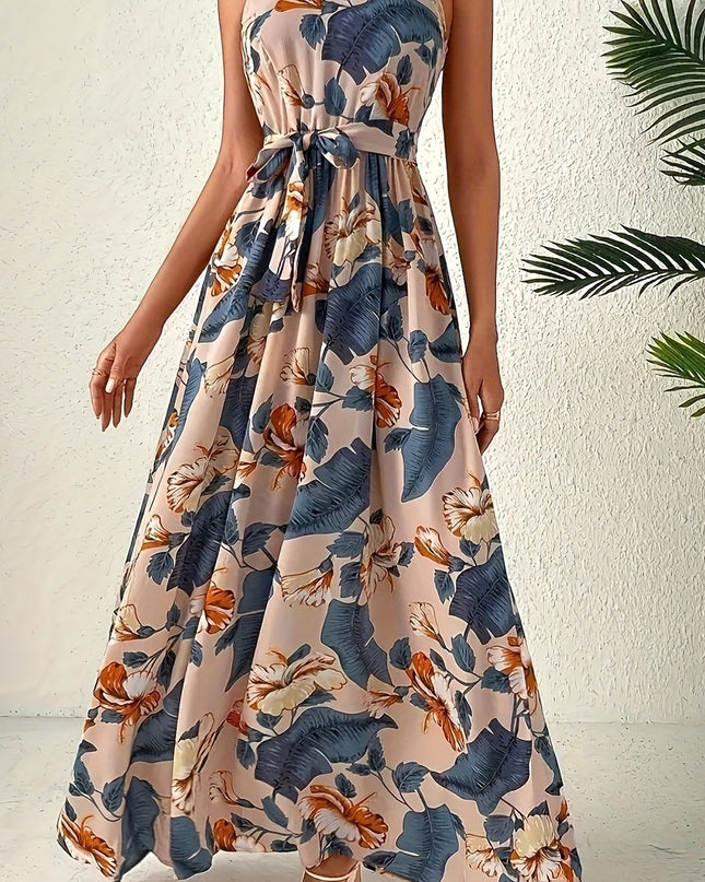 Elegant Bohemian Maxi Dress with Lace-Up Detail - High-Waisted, Sleeveless, Floral Print, Light Brown and Blue, Perfect for Adult Women, All-Season Versatile, Adult Women'S Dress|Floral Print Dress|Laceup Detail - SeviSa