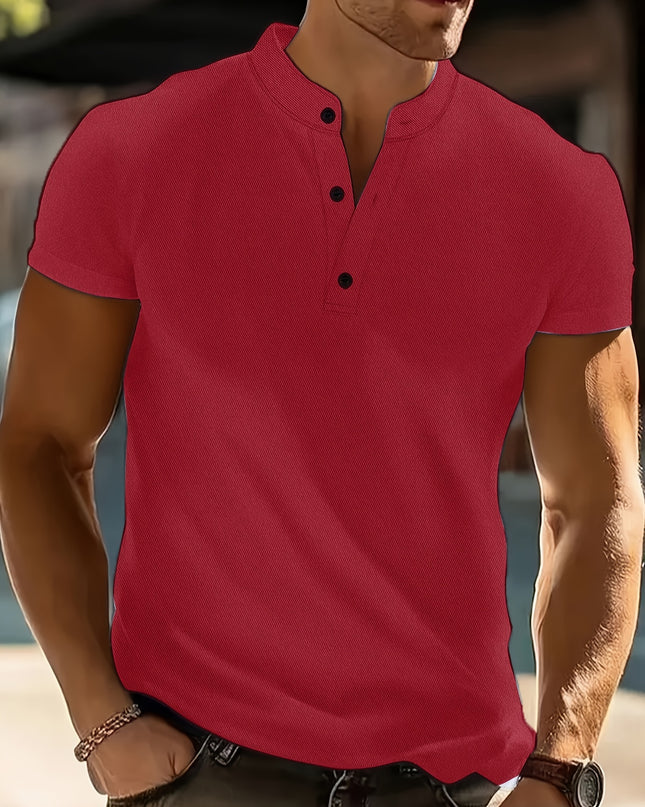 Men's Summer Short Sleeve T-Shirt - Lightweight Breathable Stand Collar Shirt with Button Detail, Solid Color Casual Sports Top for Business Casual & Outdoor Activities, Leisure Outing Apparel, Comfortable Fit Tee - SeviSa