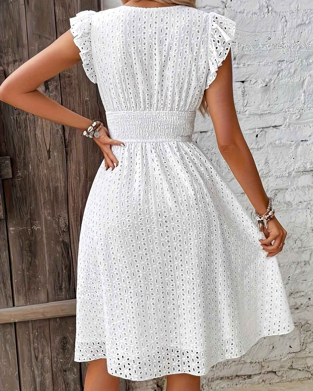 Elegant Ruffle Sleeve V-Neck Dress with Tiered Hem - Navy Blue, Knee-Length, Perfect for Spring & Summer, Women'S Fashion, Casual Elegance | Tiered Hem Dress | Ruffle Sleeve Dress