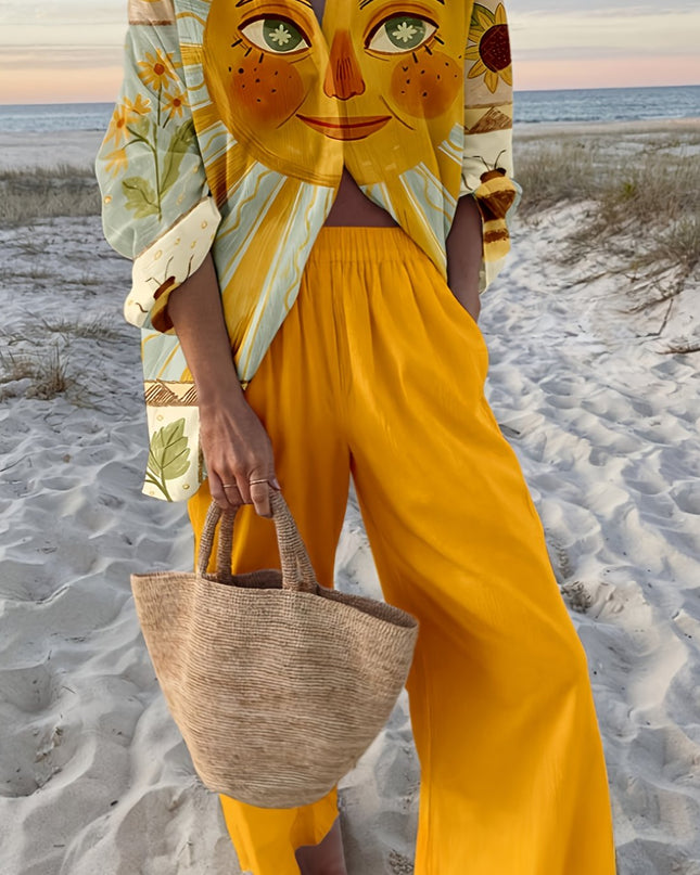 Women'S Beach Vacation Cartoon Sun Print Long Sleeve Shirt + Pants Set, Perfect for Outdoor