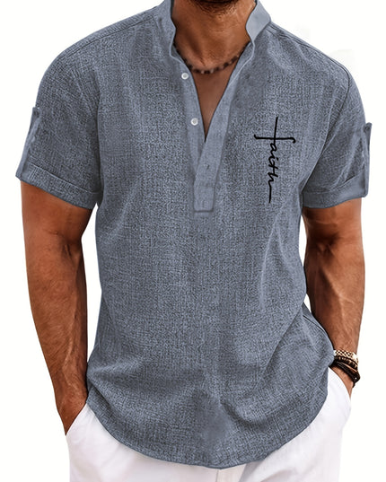Men's Letter Print "FAITH" Short Sleeve Stand Collar Henley Shirt, Casual And Chic Tops For Summer Business And Outdoors Leisurewear - SeviSa