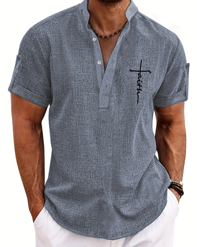Men's Letter Print "FAITH" Short Sleeve Stand Collar Henley Shirt, Casual And Chic Tops For Summer Business And Outdoors Leisurewear - SeviSa