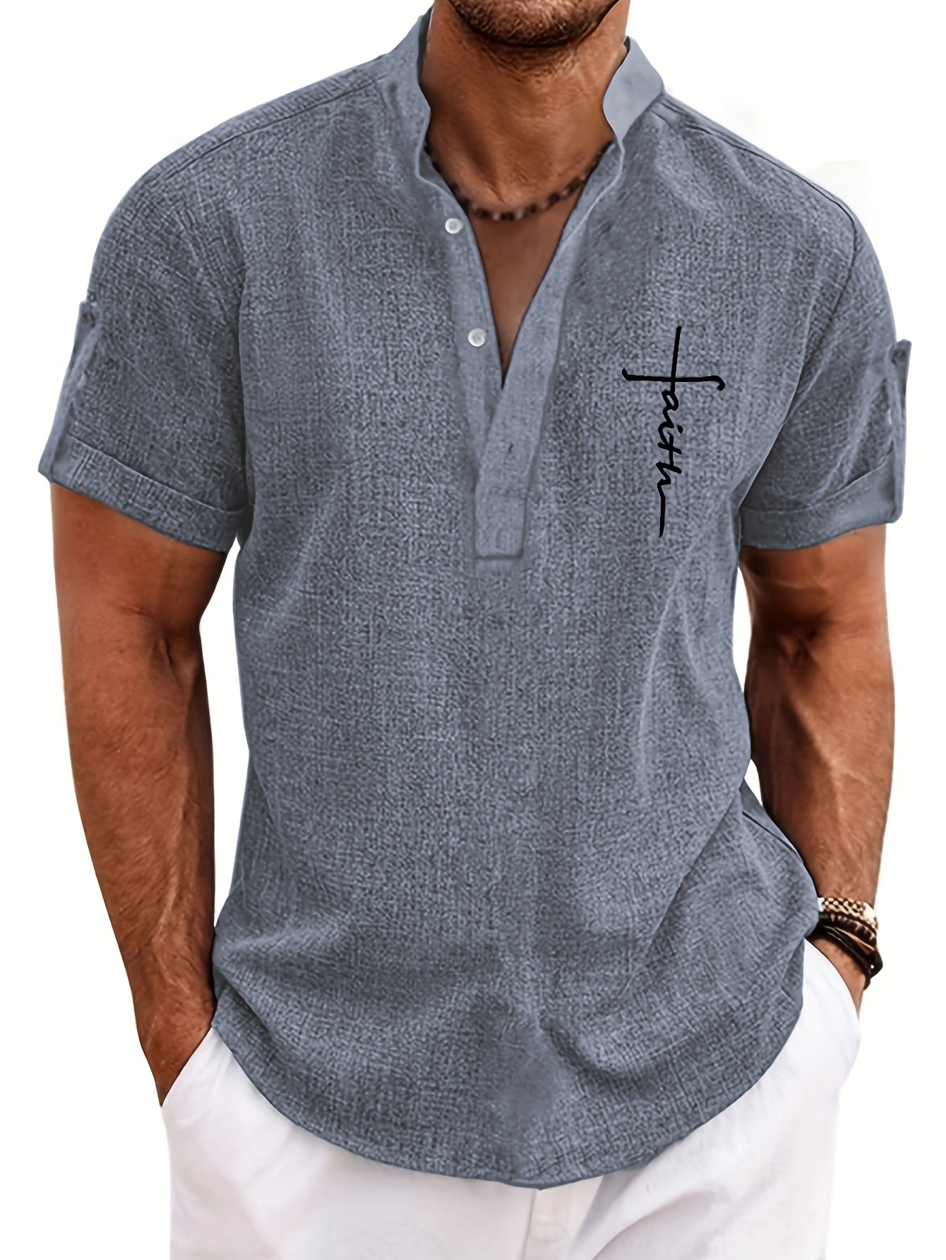 Men's Letter Print "FAITH" Short Sleeve Stand Collar Henley Shirt, Casual And Chic Tops For Summer Business And Outdoors Leisurewear - SeviSa