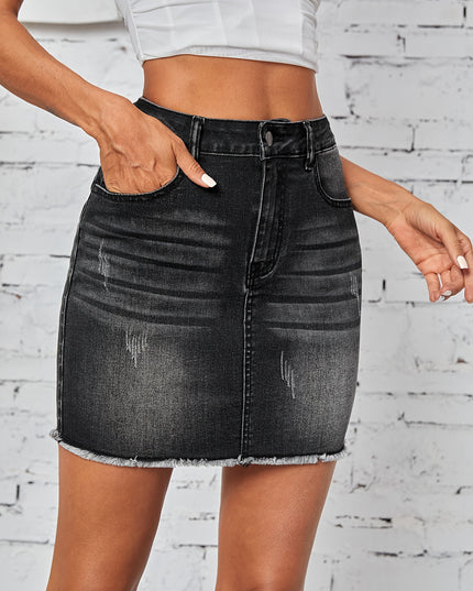 Women'S Casual Denim Skirt - High-Waisted, Frayed Hem, Medium Stretch, Solid Color, Straight Cut, Spring/Summer/Fall Fashion, Jean Skirt - SeviSa